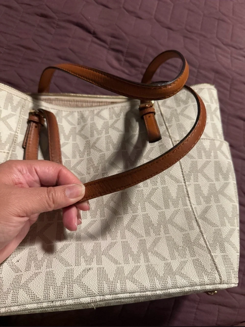 MK-Style Brown Strap Logo-Print Tote Bag